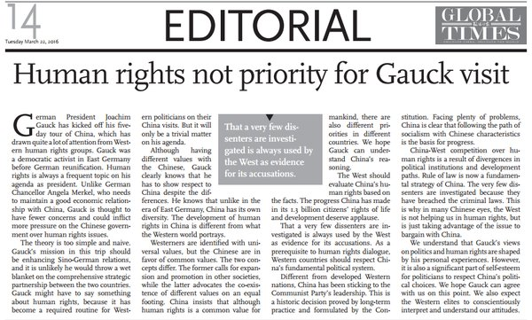 Human rights not priority for Gauck visit