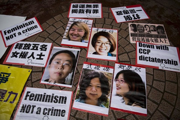 Portraits of Li Tingting (top L), Wei Tingting (top R), (bottom, L-R) Wang Man, Wu Rongrong and Zheng Churan are pictured during a protest calling for their release in Hong Kong April 11, 2015. Chinese police are broadening their investigation into five detained women activists to focus on their campaigns against domestic violence and for more public toilets for women. The women were taken into custody on the weekend of International Women's Day, March 8, and later detained on suspicion of "picking quarrels and provoking trouble," their lawyers said. REUTERS/Tyrone Siu - RTR4WVUT